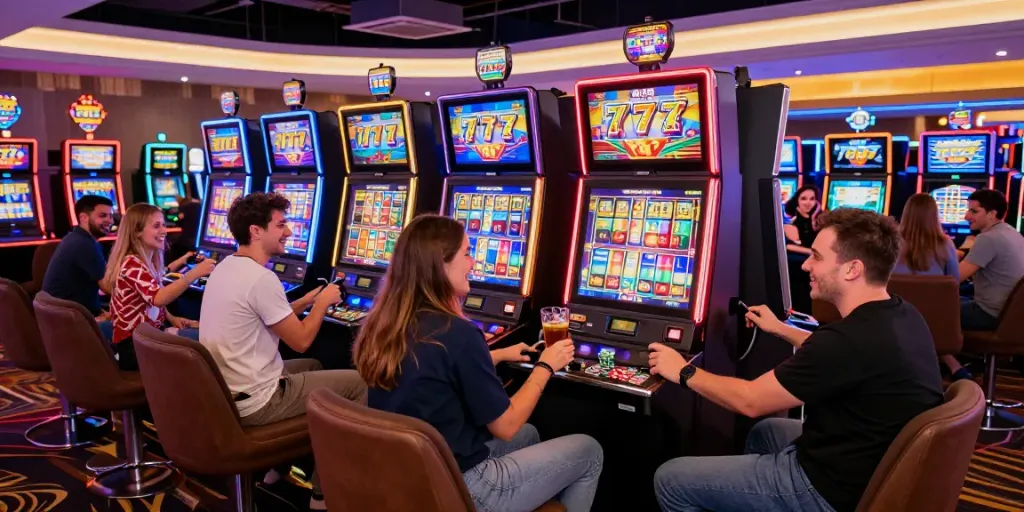 Exciting scene of players enjoying the vibrant slot777 machine experience at a casino filled with colorful lights.