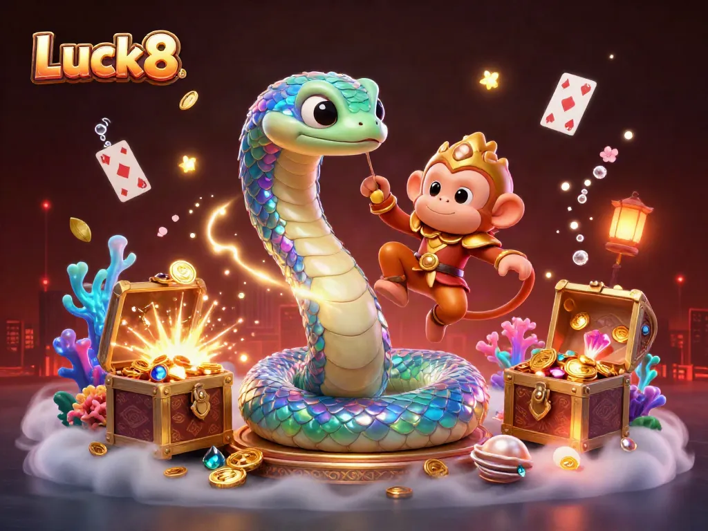 Experience the vibrant Luck8 casino world with a 3D rainbow serpent and treasures galore.