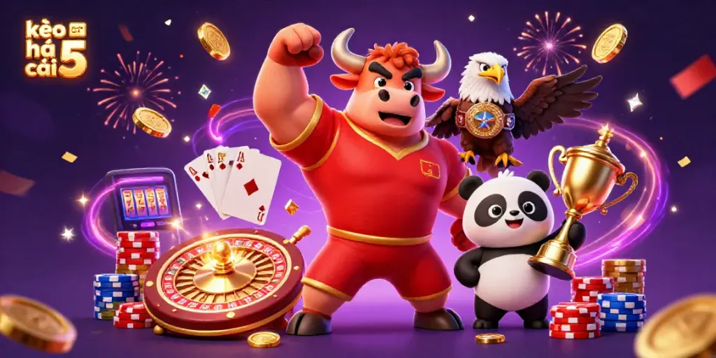 Celebrate with kèo nhà cái 5 in this thrilling casino scene featuring dynamic characters and festive elements.