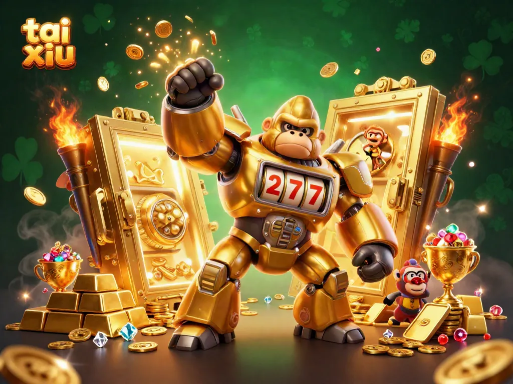 Experience the thrilling tai xiu game with an animated golden gorilla mech and dazzling treasure effects.
