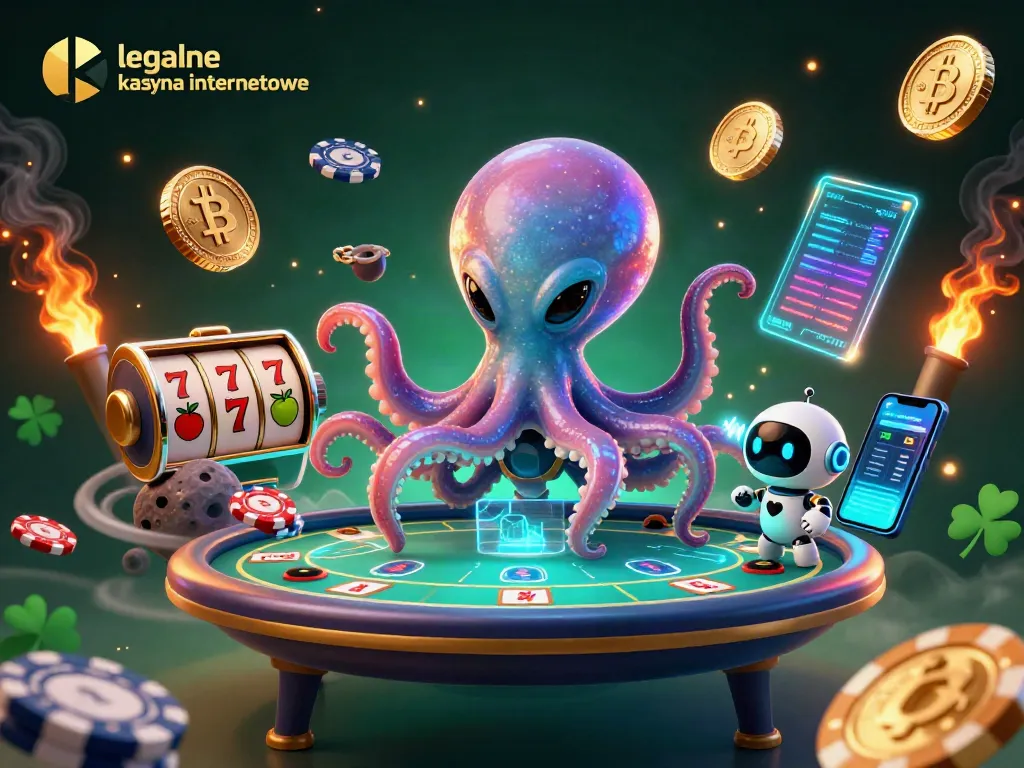 Experience the excitement at legalne kasyna internetowe with this vibrant 3D poker scene featuring an alien octopus and a tiny robot.