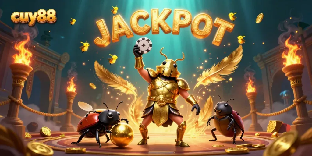Win big at cuy88 as the heroic beetle celebrates a jackpot victory amidst dazzling casino elements.