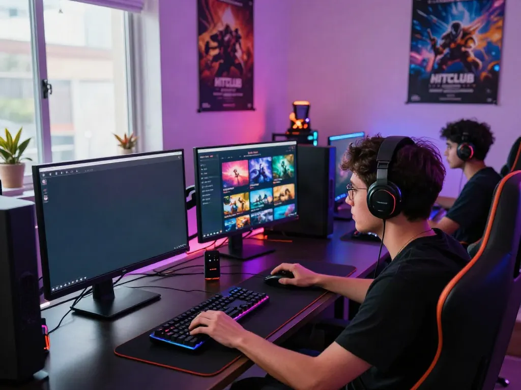 Engaged player using https://hitclubt3.com/ on a modern gaming setup, vibrant atmosphere.