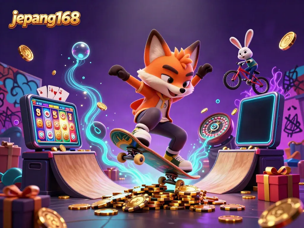 Experience vibrant gaming with Jepang168 as a 3D skateboarder fox performs tricks amidst casino symbols.