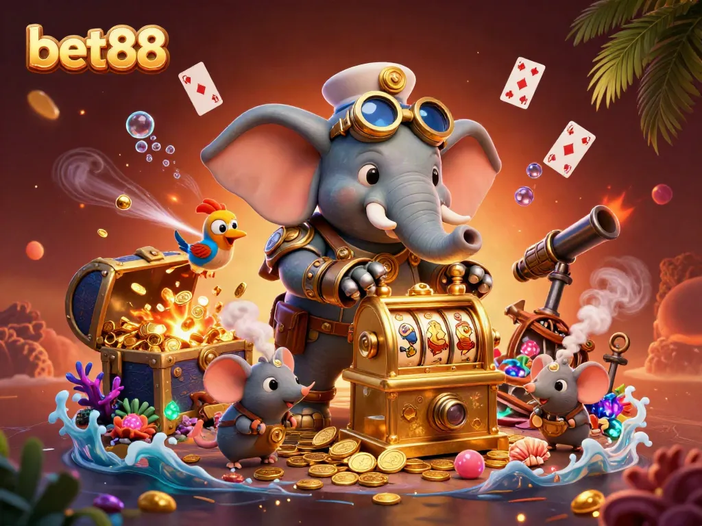Experience thrilling gameplay at bet88 with a steampunk elephant operating a golden slot machine amidst underwater treasures.