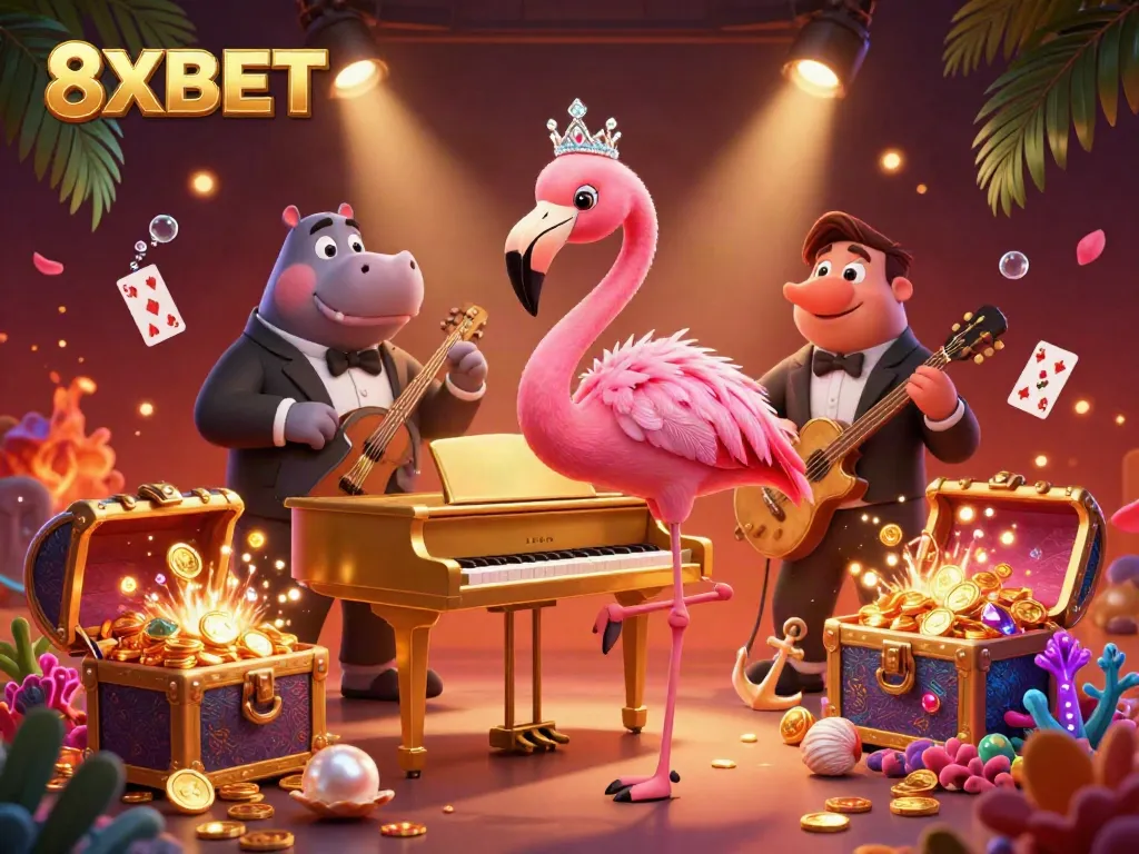 Engage with vivid 3D casino scene showcasing 8XBET's entertainment essence with a flamingo singer and hippo bassist.