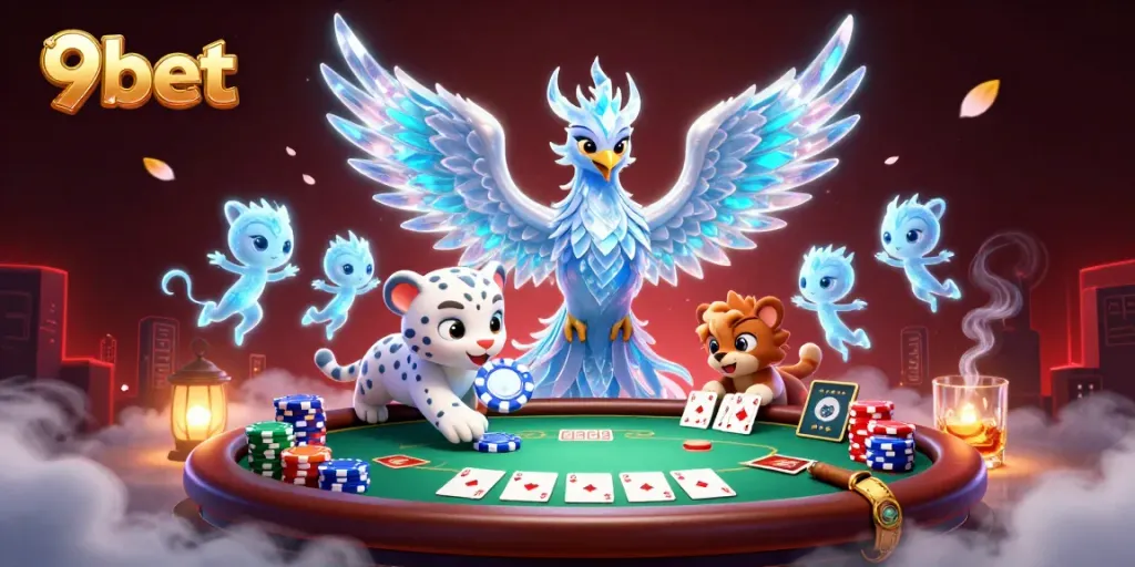 Engage with 9bet's immersive casino experience featuring vibrant 3D characters and poker elements.