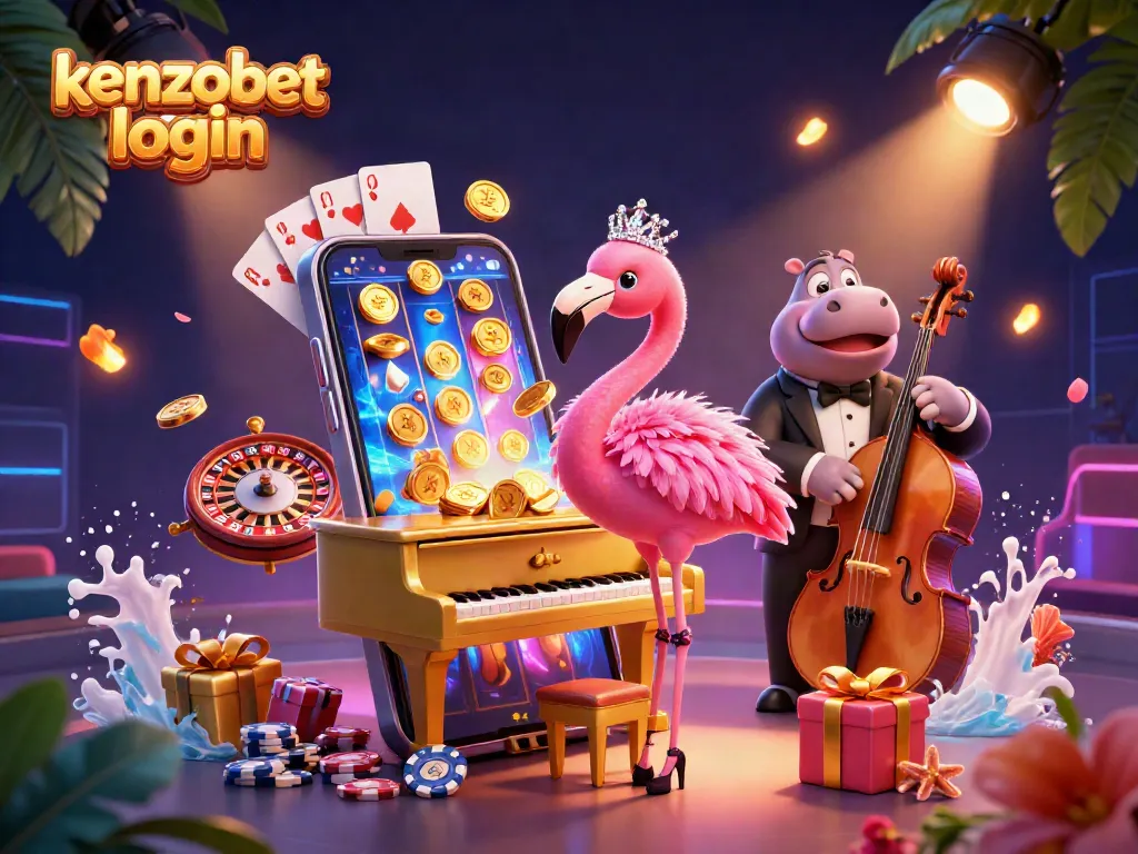 Enjoy thrilling wins with kenzobet login as characters celebrate casino excitement amidst vibrant game elements.