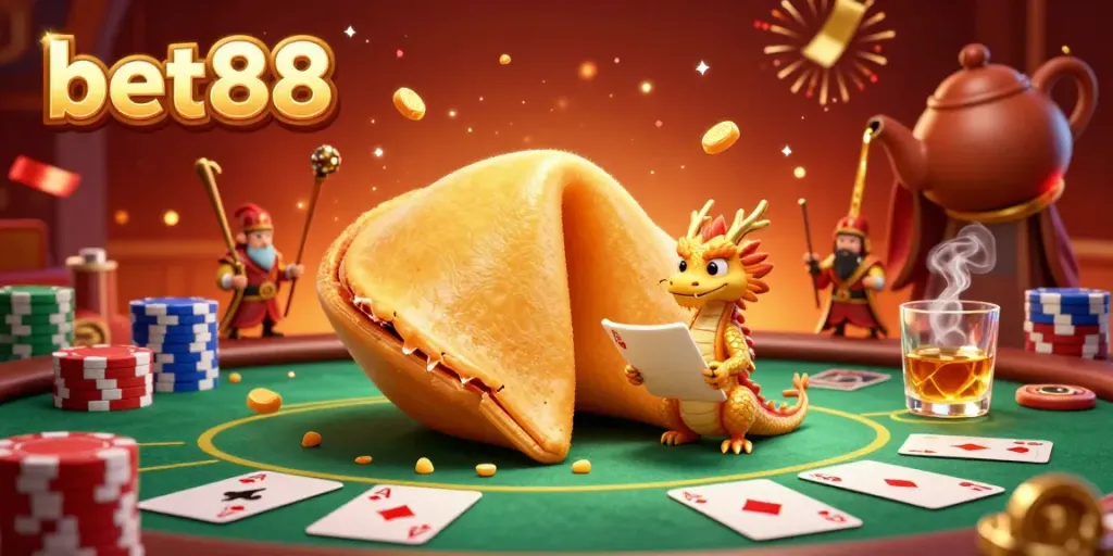 Engage with bet88's dynamic gaming scene featuring a giant golden fortune cookie and poker elements.
