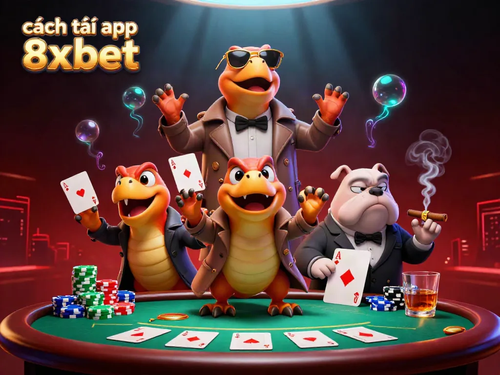 Engage with the exciting gambling world through ways to tải app 8xbet on your devices, featuring cartoon raptors and casino elements.