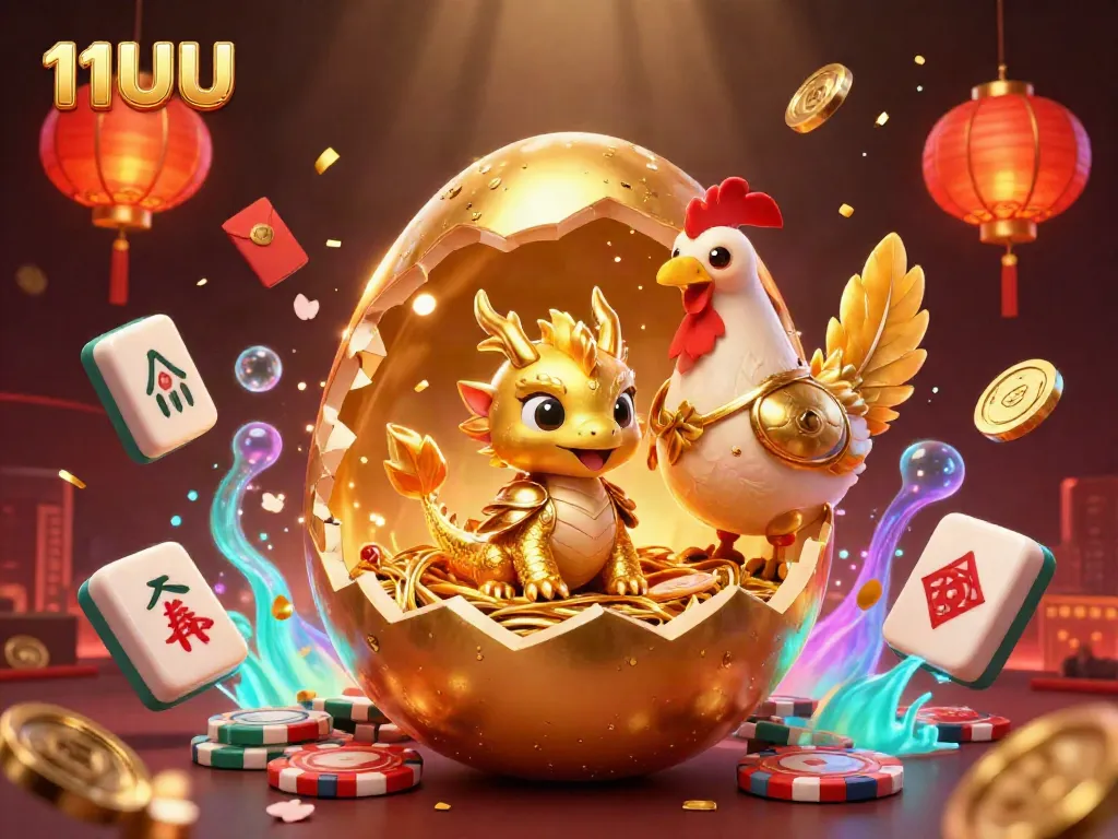 Engaging 11UU online casino scene with a golden dragon and poker chips amid vibrant gambling elements.