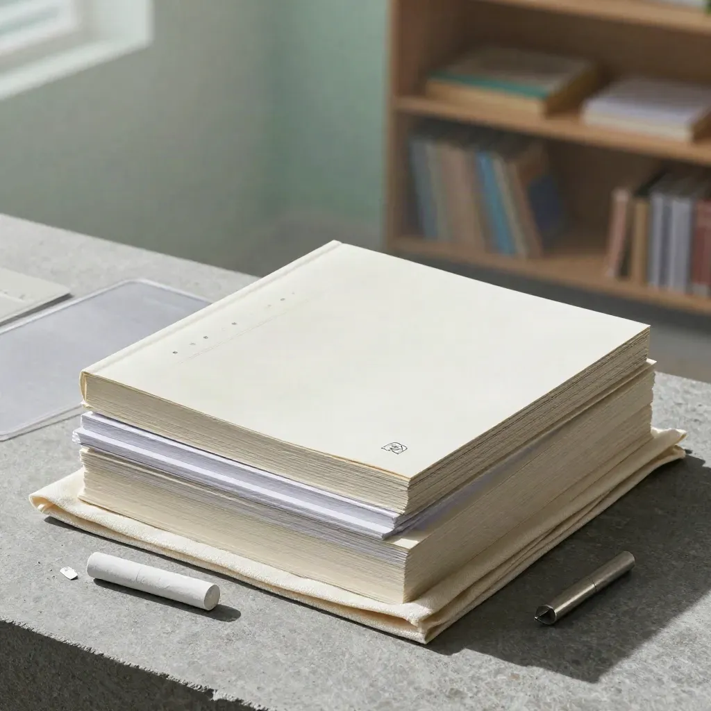 Zestaw materiałów edukacyjnych na kamiennym blacie w chłodnym świetle, z certyfikatem i fiszkami.