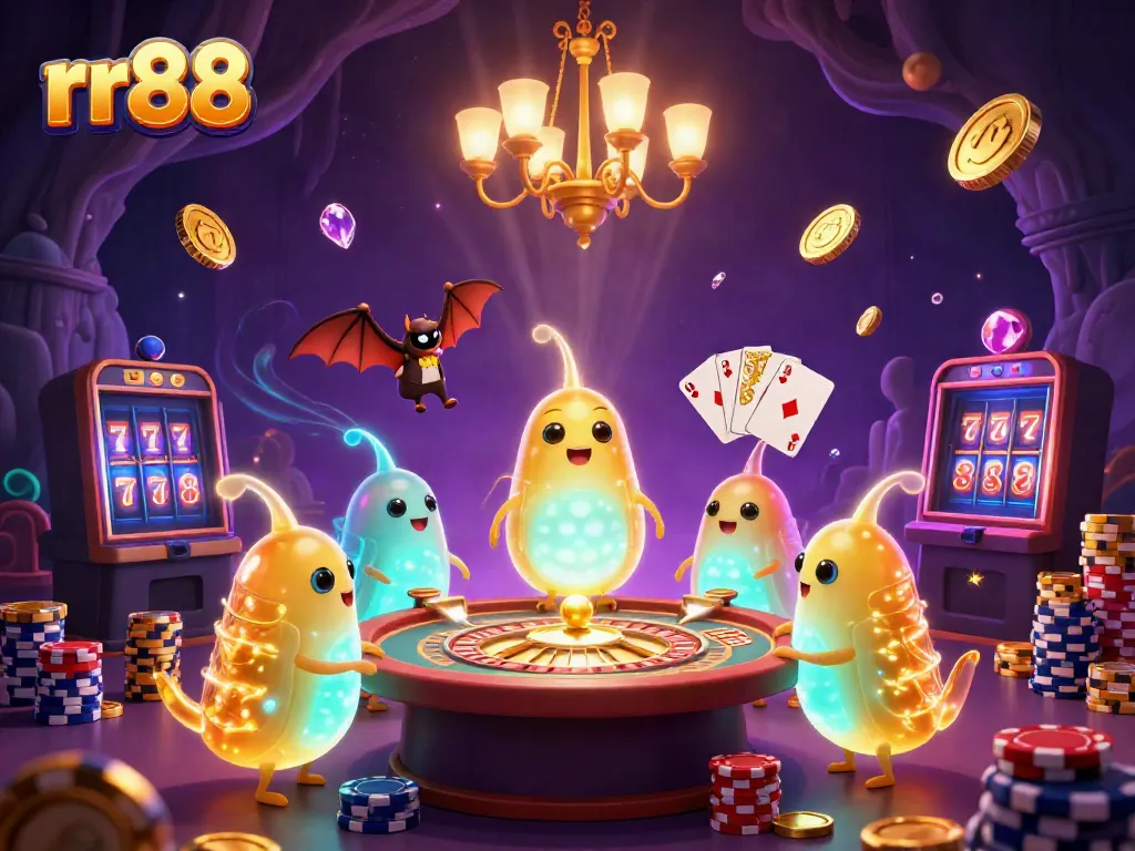Experience vibrant wins at rr88 with glowing cartoon glowworms illuminating a lively casino scene.