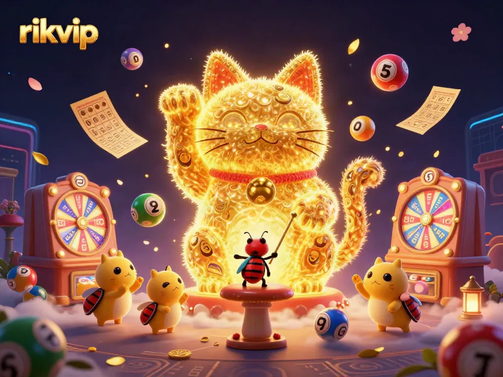 Experience the thrill of rikvip with vibrant lottery balls and a giant lucky cat in this stunning casino illustration.