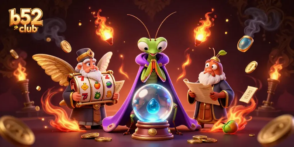 Experience thrilling gameplay at b52club with colorful slot elements surrounding mystical characters.