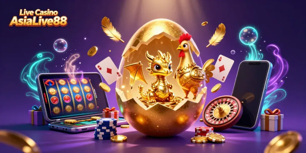 Engage with the excitement of Live Casino AsiaLive88, featuring a golden dragon and poker elements.