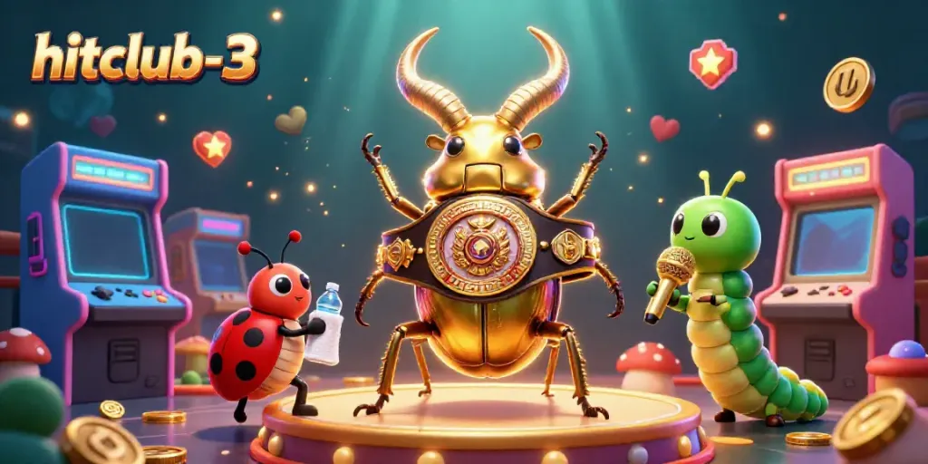 Join the excitement at hitclub-3 with a dynamic 3D scene featuring a giant golden stag beetle champion.