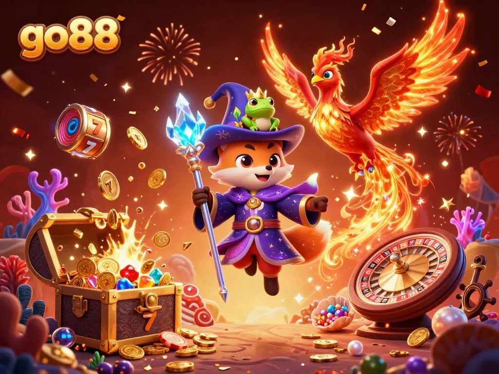 Experience the thrill of go88 with a captivating wizard fox and phoenix amidst vibrant casino games.