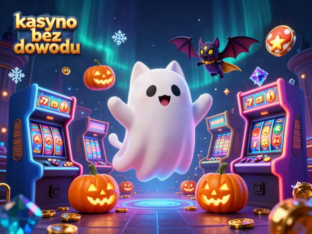 Experience thrilling gameplay with kasyno bez dowodu, a vibrant scene filled with ghostly cat and games.