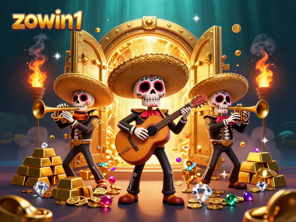 Zowin1 showcases a vibrant scene with Day of the Dead skeleton mariachi band amidst casino riches.