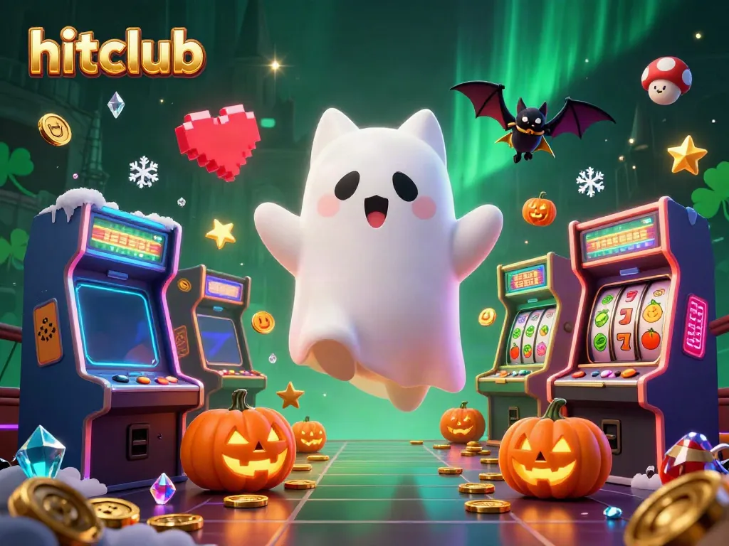 Engage with hitclub in a vibrant, haunted casino scene with a friendly ghost cat and vampire bat.