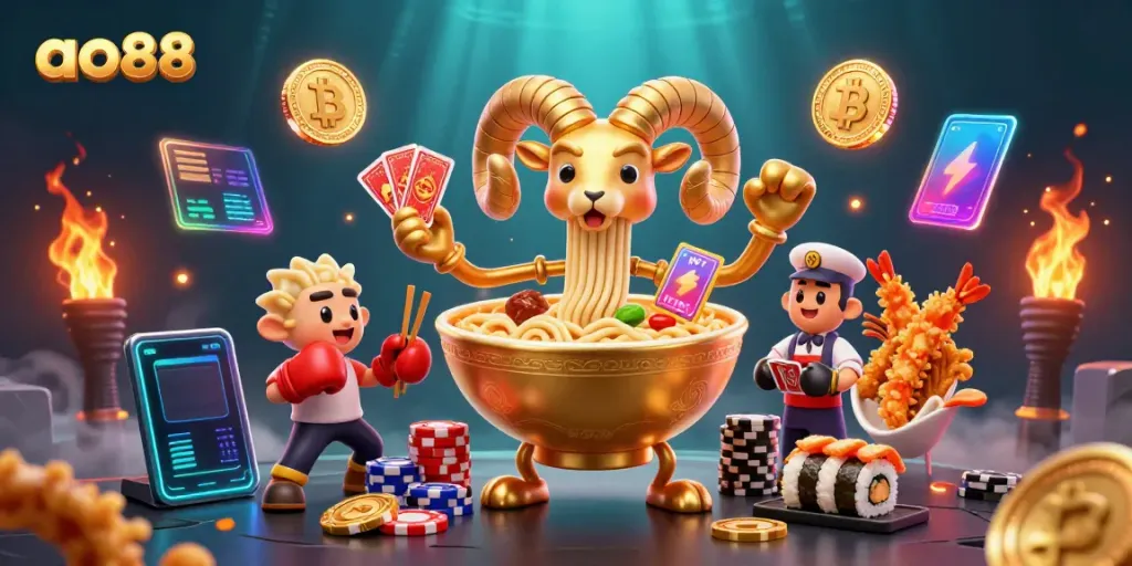 Engage with ao88's vibrant casino scene featuring an animated golden ramen bowl hero with cards and chips.
