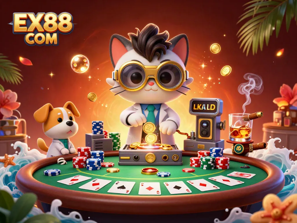 Win big with EX88 COM through a lively casino scene with animated characters and poker elements.