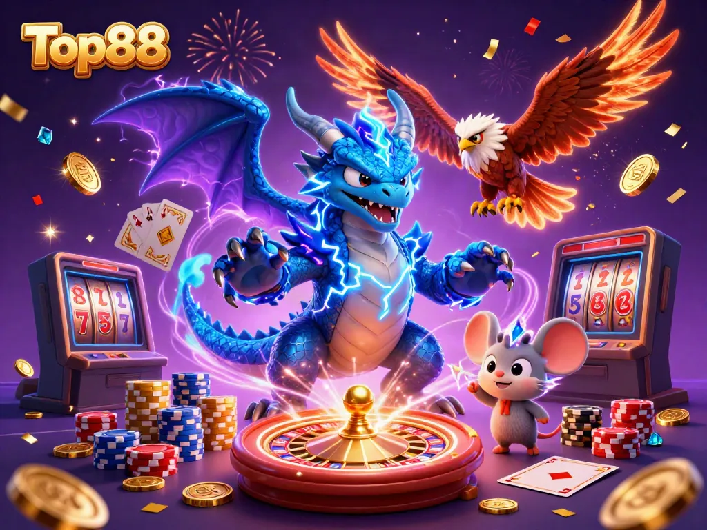 Experience the thrill of Top88 with a dynamic casino scene featuring fantastic characters and game elements.
