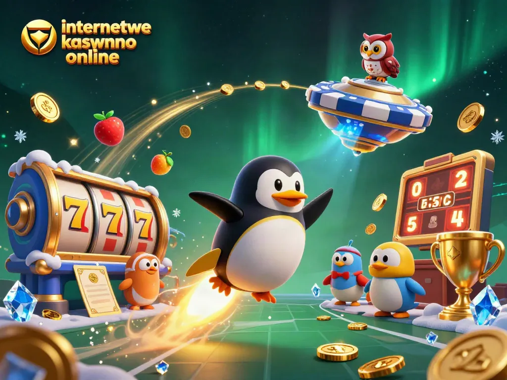 Engage with the thrilling world of internetowe kasyno online, represented by a golden penguin racing toward a casino chip.