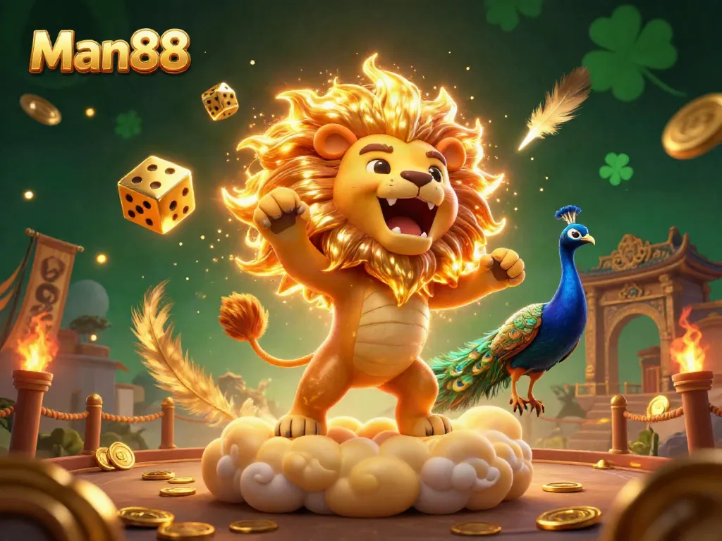 Engage with exciting jackpots at Man88 featuring vibrant illustrations of a roaring sun lion and golden casino symbols.