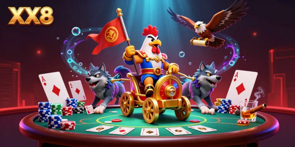 Experience exciting gameplay at XX8 with a cartoon rooster warlord leading the way through thrilling poker action.