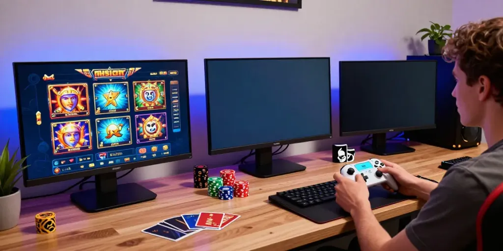 Exciting gaming setup showcasing popular situs gacor slot games on a large screen with a vibrant LED background.