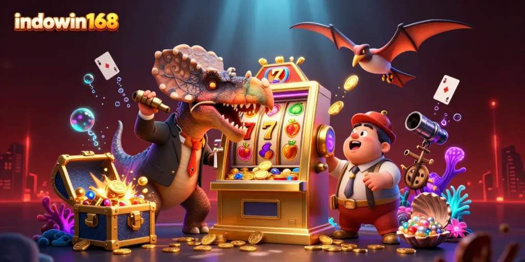 Play and win at indowin168 with a dynamic casino scene featuring a lively pachycephalosaurus hitting a slot machine.
