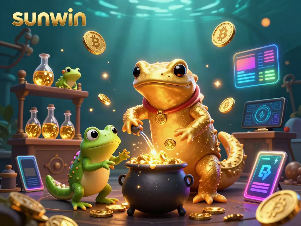 Experience captivating sunwin gaming with a dynamic 3D illustration showcasing a golden salamander alchemist and gold coins.