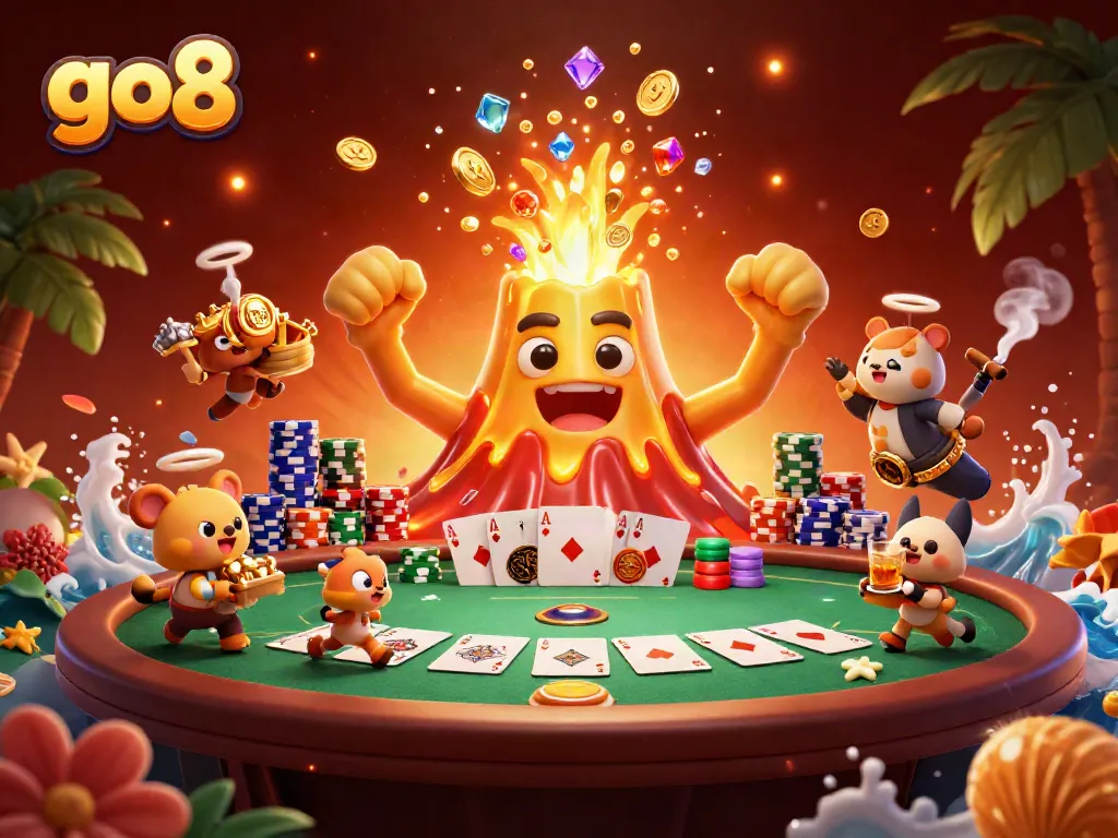 Win big with go8 as the golden volcano erupts in a treasure-filled casino scene.