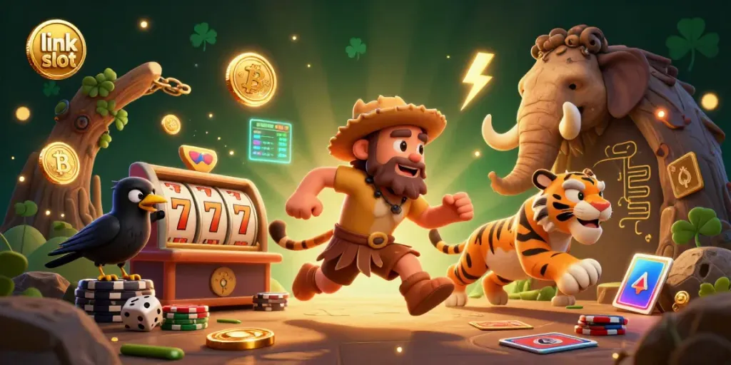 Experience thrilling link slot action with a cartoon caveman and saber-tooth duo in a prehistoric casino.