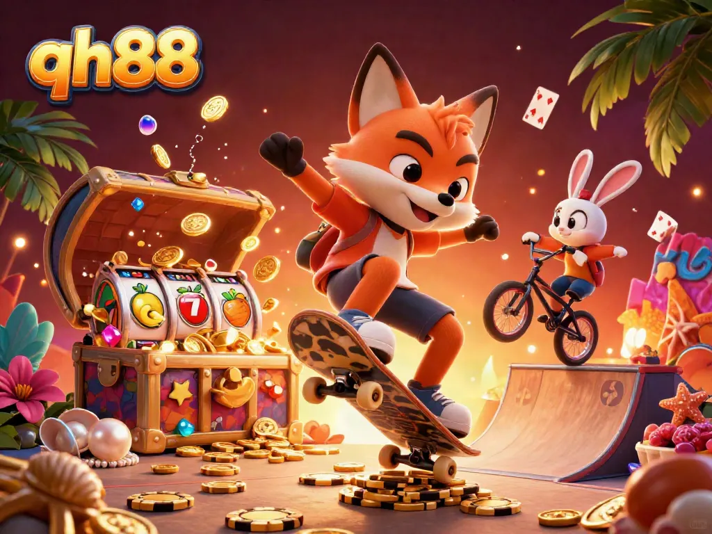 Experience thrilling action at qh88 with a cartoon fox and rabbit amidst a vibrant casino scene.
