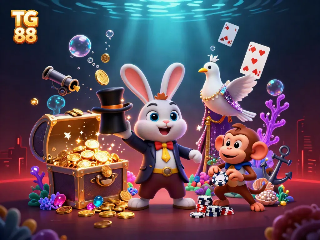 Experience winning moments at TG 88 with 3D characters celebrating as coins and cards scatter in a vibrant casino.