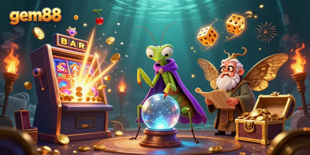 Experience gem88's thrilling jackpot excitement with vibrant casino elements and mystical characters.
