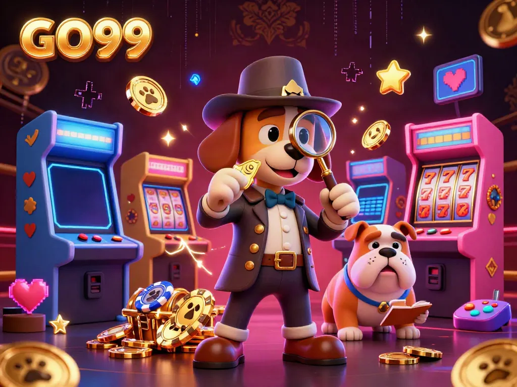 Engage in the vibrant world of GO99 casino gaming with a 3D detective discovering clues amidst colorful game elements.