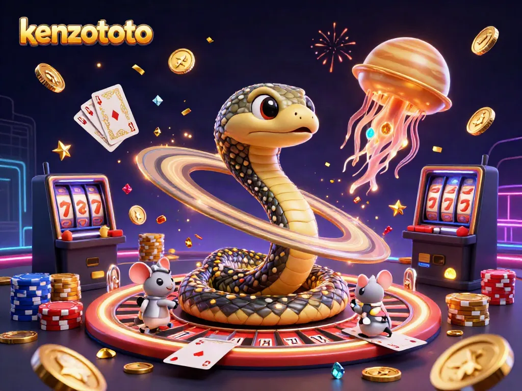 Play exciting casino games at kenzototo with vibrant 3D illustration of a cosmic scene featuring a Saturn ring snake and betting mice.