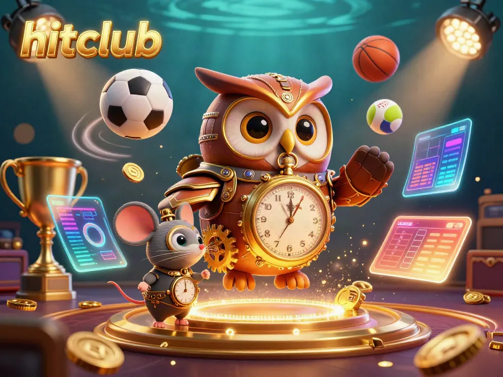 Experience the excitement of hitclub with a dynamic 3D illustration of a time-traveling owl amidst vibrant casino elements.