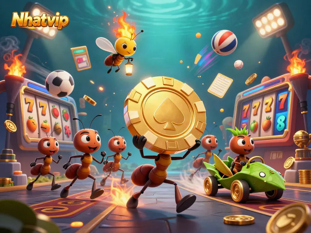 Nhatvip engages players with an exciting heist scene featuring cartoon ants, poker elements, and vibrant sports activity.