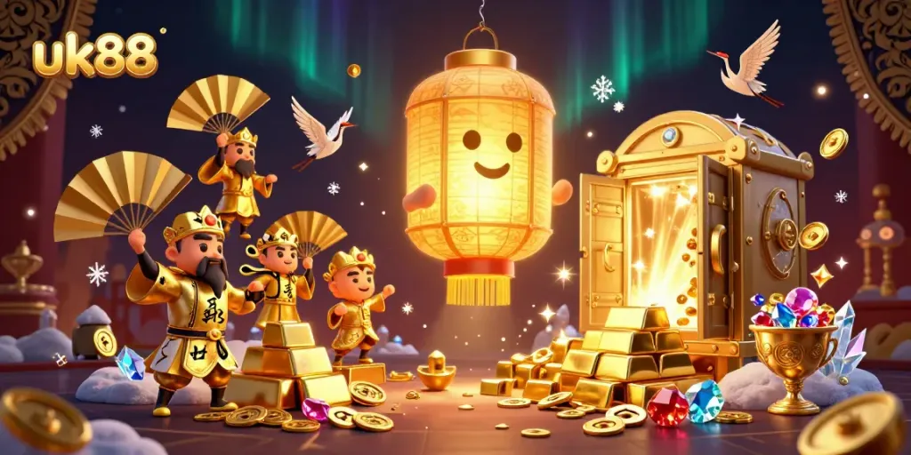 Experience the majestic allure of uk88's vibrant night market casino filled with golden treasures and lucky symbols.