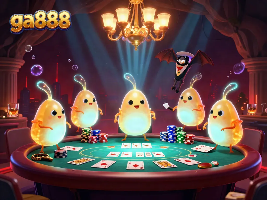 Engage with ga888’s vibrant casino scene featuring glowworms illuminating a poker table and a bat dealer.