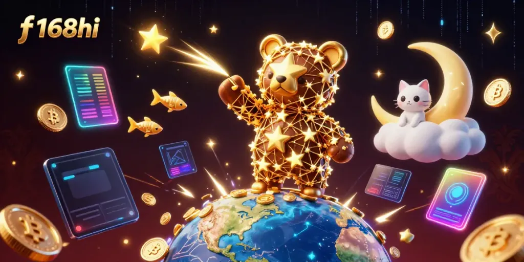 Experience the exciting world of f168hi with vibrant cosmic characters and digital gambling elements.