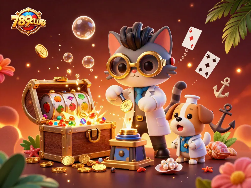 Experience the excitement of 789CLUB with a vibrant 3D illustration showcasing a mad scientist and treasures.