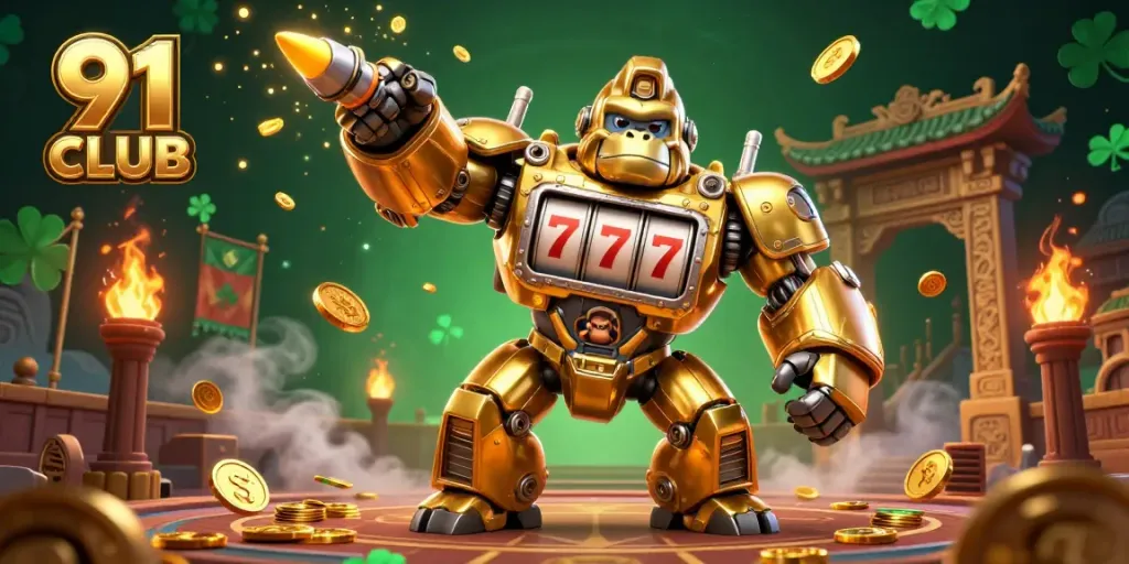 Experience the exciting world of 91 CLUB with a dynamic 3D illustration showcasing a golden gorilla mech and vibrant casino elements.