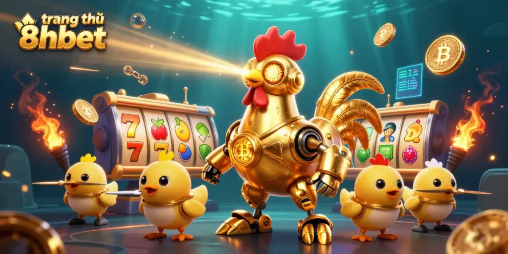 Experience the excitement of trang chủ 8xbet with a golden rooster robot and vibrant slot machines.