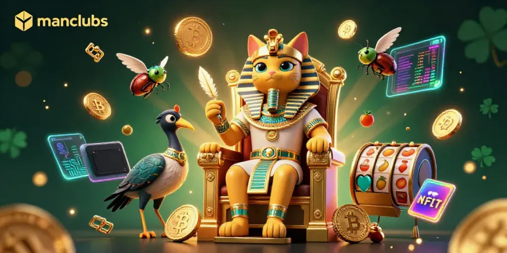 Spin the reels with manclubs-themed Egyptian pharaoh and crypto elements in a vibrant casino scene.